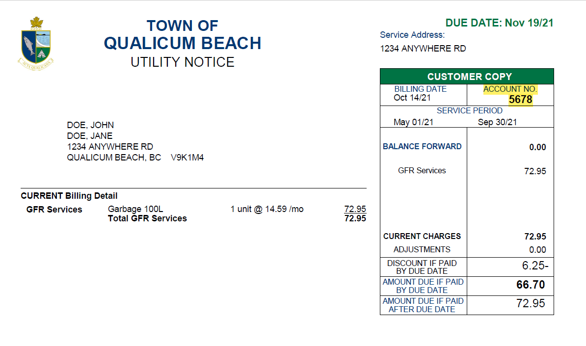 Qualicum Beach Utility Bill Sample