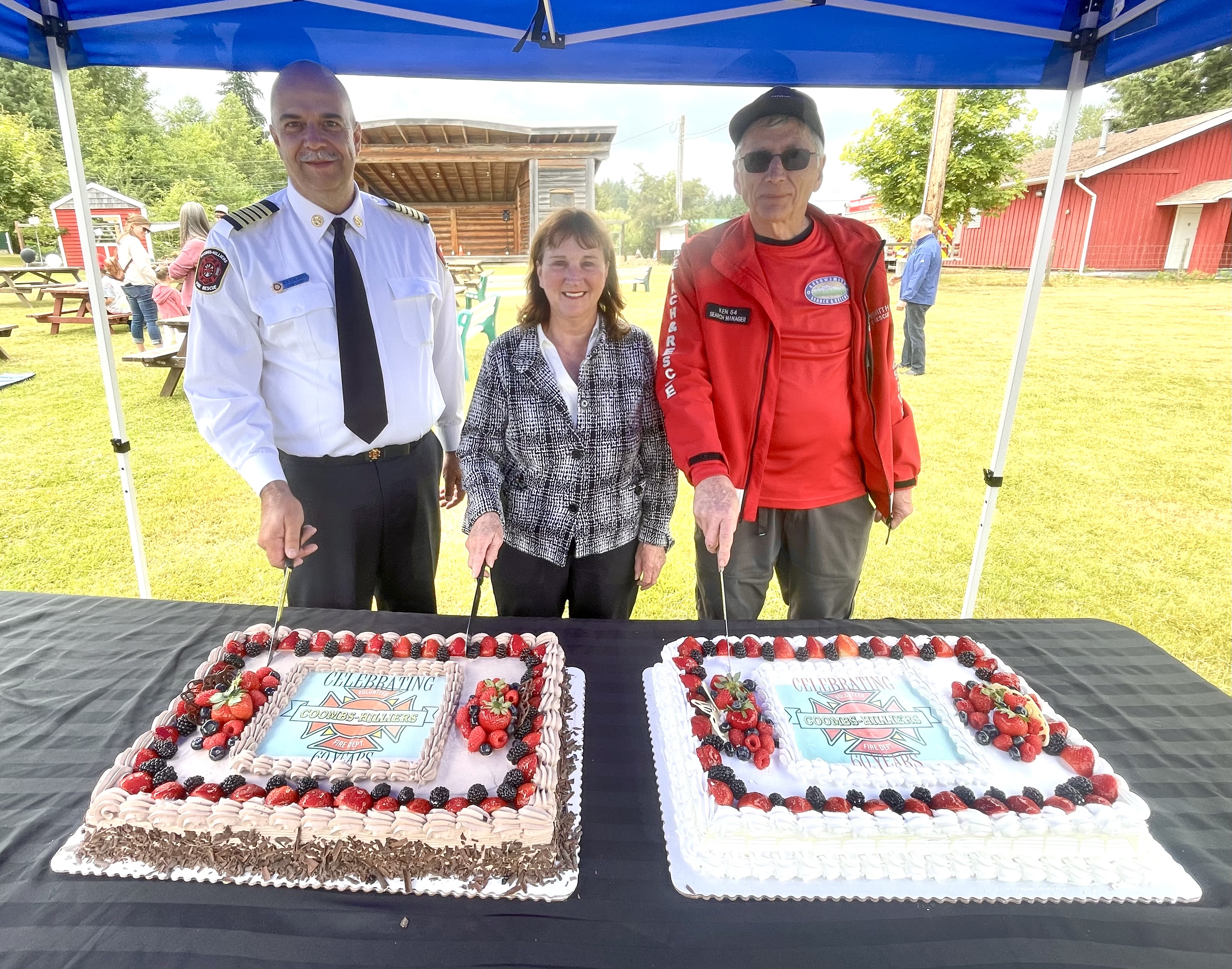 Photo: Ron Schildroth, Community Fire Chief; Leanne Salter, Electoral Area F Director; Ken Neden whose father Isaac Neden was the first fire chief for Coombs-Hilliers Volunteer Fire Department