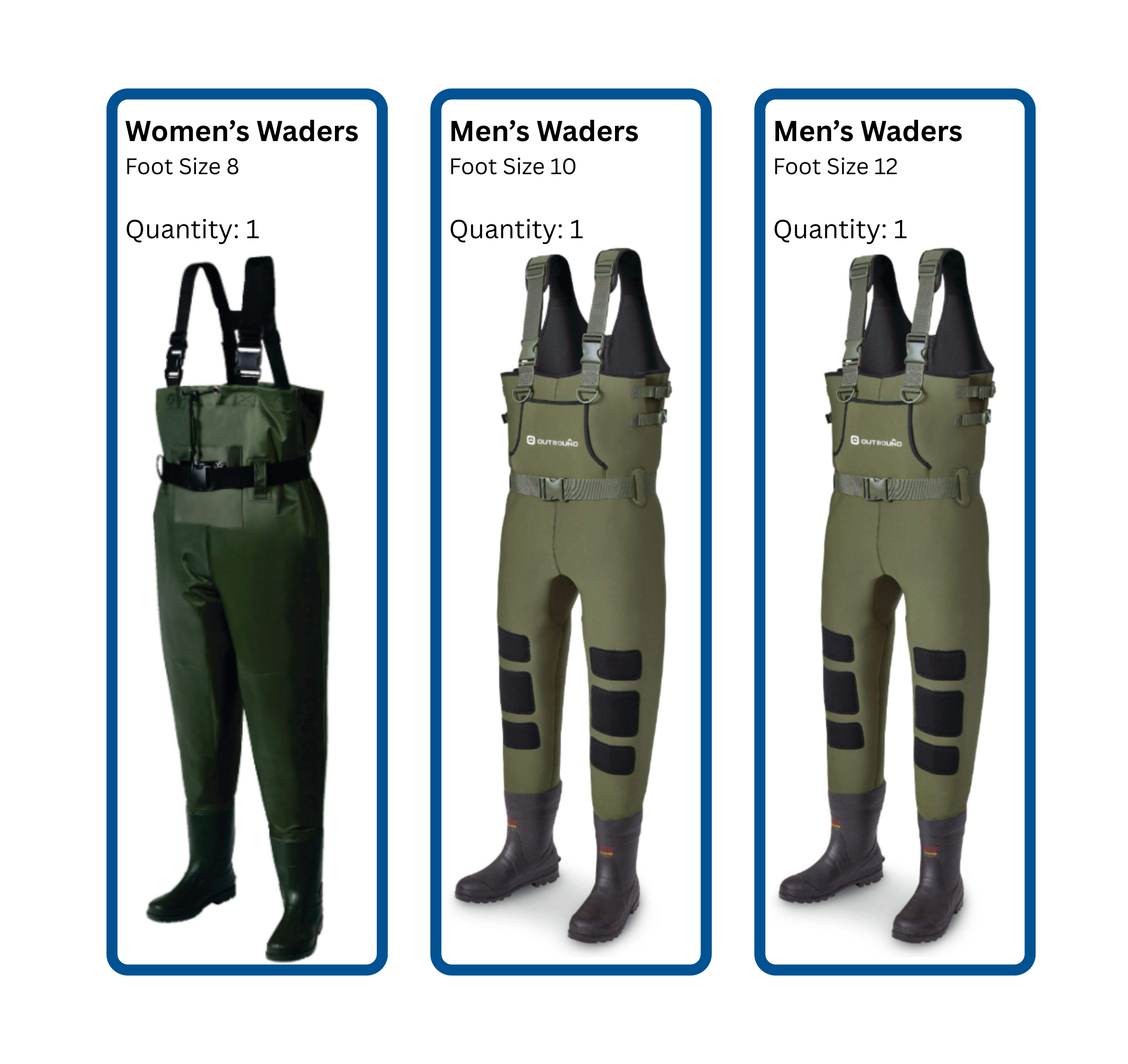 Women's Waders foot size 8; Men's Waders Foot size 10; Men's Waders Foot size 12